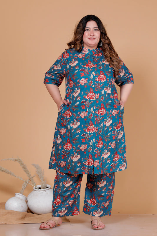 VINTAGE FLORAL VINE PRINT COTTON 2 PEICE KURTA PANT IN DEEP BLUE BY PLUSSIZEKURTI