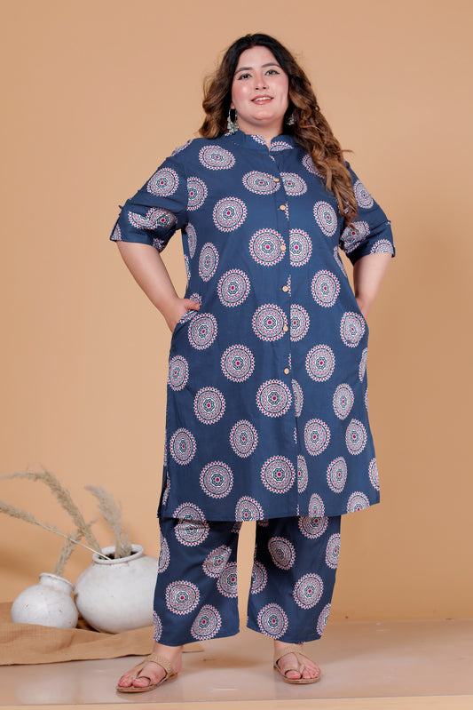 MANDALA CIRCLE PRINT COTTON 2 PEICE KURTA PANT IN NAVY BLUE BY PLUSSIZEKURTI