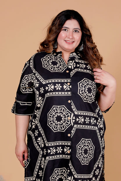 HEXAGON GEOMETRIC PRINT COTTON 2 PEICE KURTA PANT IN BLACK BY PLUSSIZEKURTI