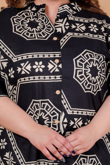 HEXAGON GEOMETRIC PRINT COTTON 2 PEICE KURTA PANT IN BLACK BY PLUSSIZEKURTI
