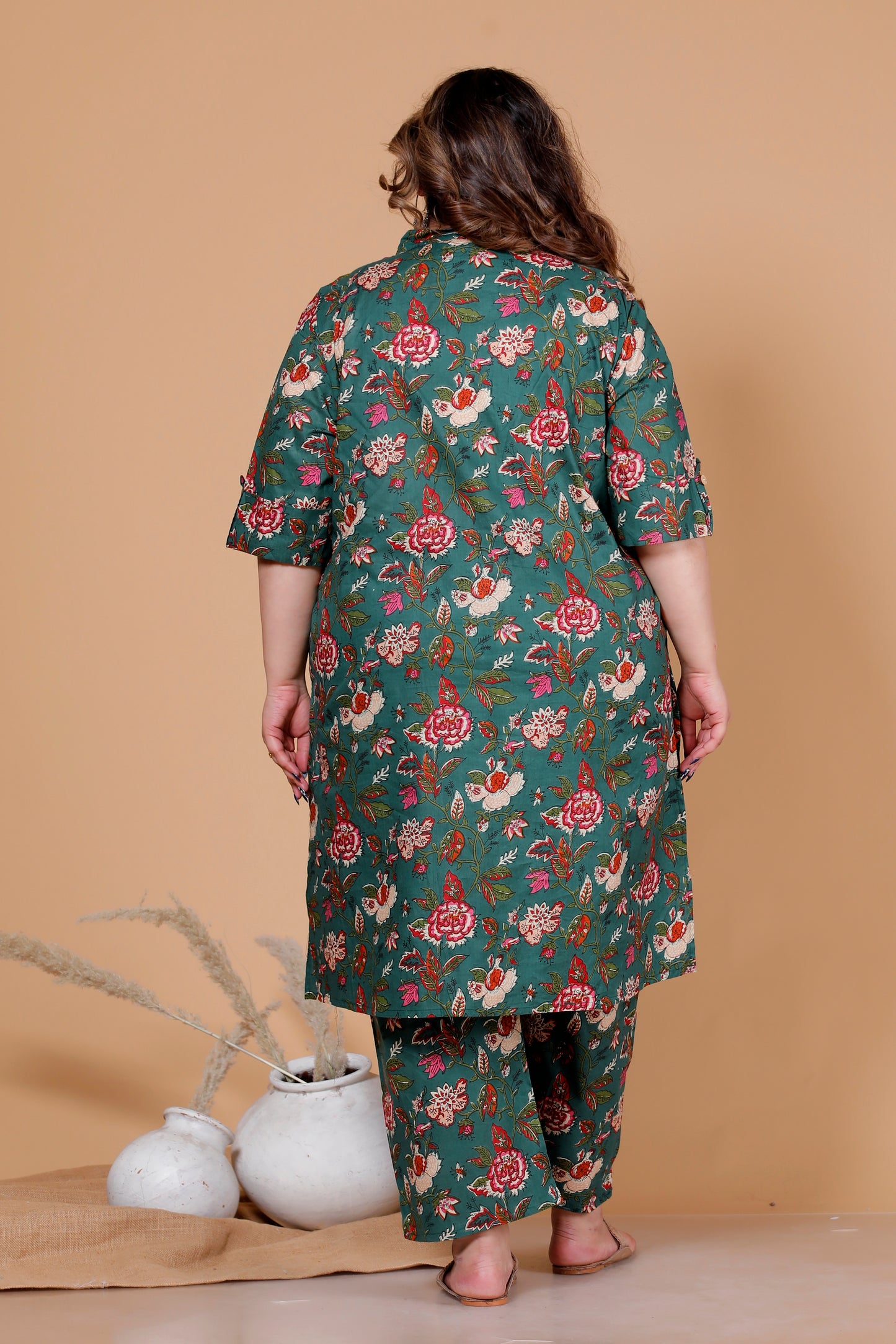 VINTAGE FLORAL VINE PRINT COTTON 2 PEICE KURTA PANT IN DEEP GREEN BY PLUSSIZEKURTI