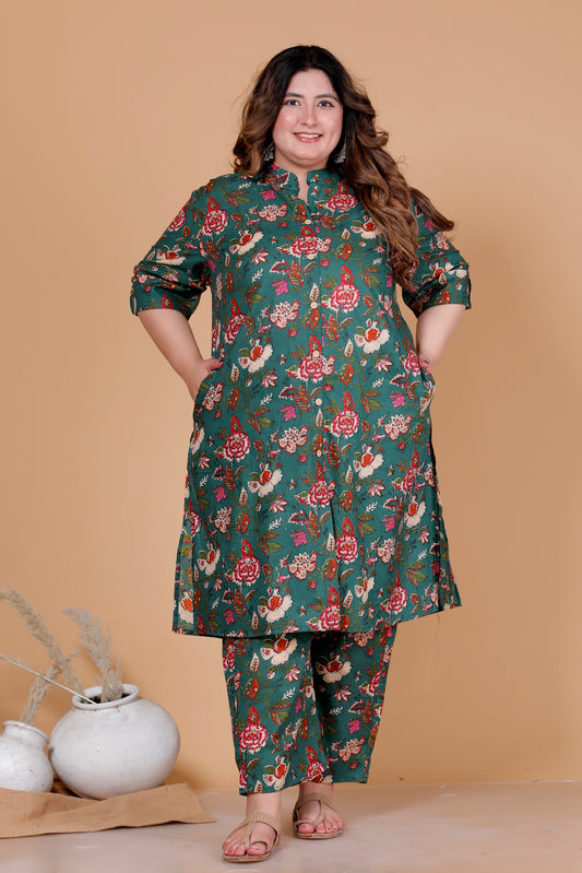 VINTAGE FLORAL VINE PRINT COTTON 2 PEICE KURTA PANT IN DEEP GREEN BY PLUSSIZEKURTI