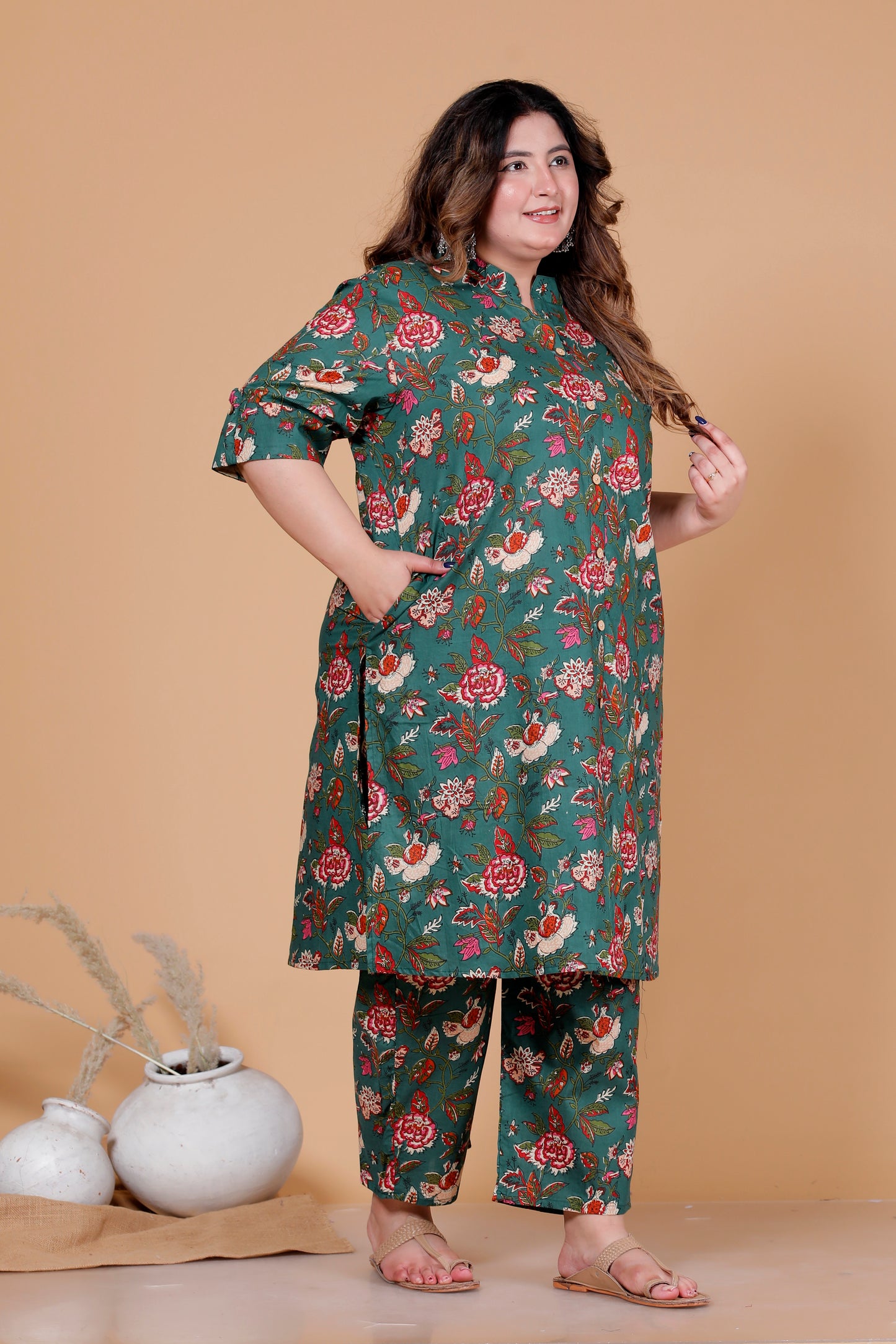 VINTAGE FLORAL VINE PRINT COTTON 2 PEICE KURTA PANT IN DEEP GREEN BY PLUSSIZEKURTI