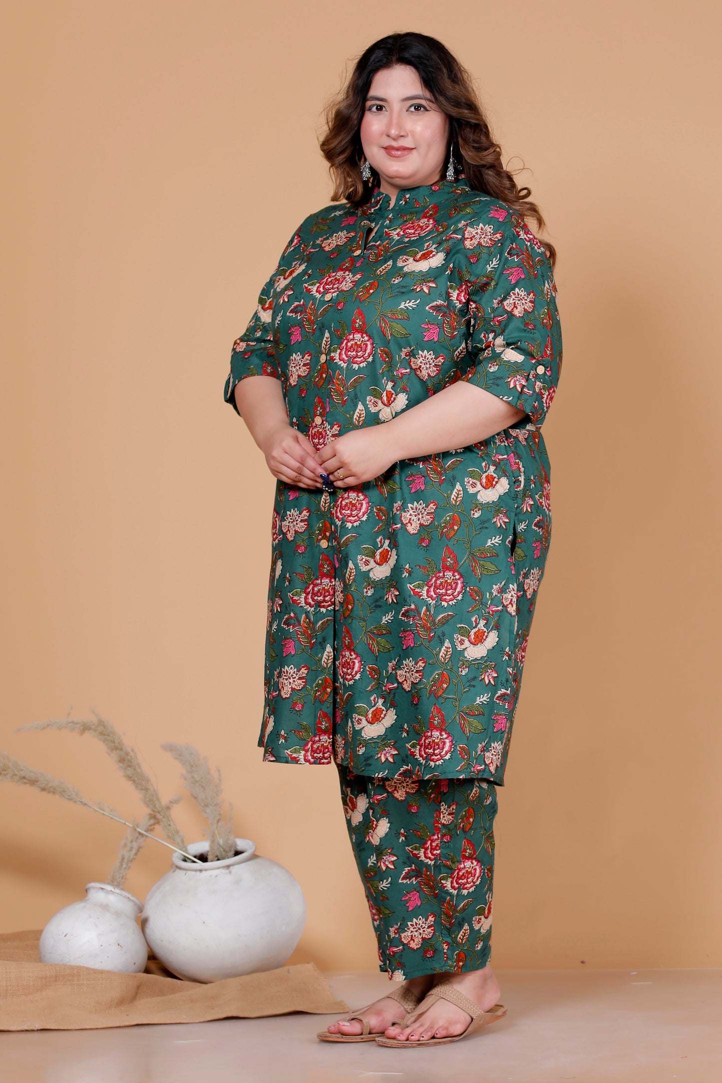 VINTAGE FLORAL VINE PRINT COTTON 2 PEICE KURTA PANT IN DEEP GREEN BY PLUSSIZEKURTI
