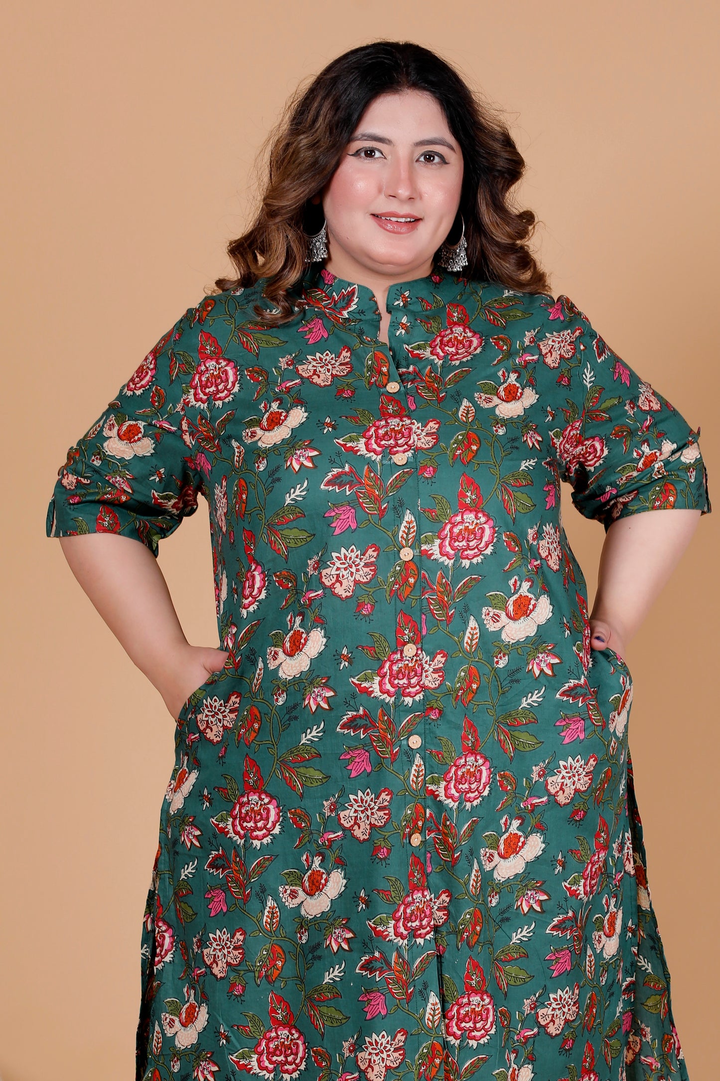 VINTAGE FLORAL VINE PRINT COTTON 2 PEICE KURTA PANT IN DEEP GREEN BY PLUSSIZEKURTI