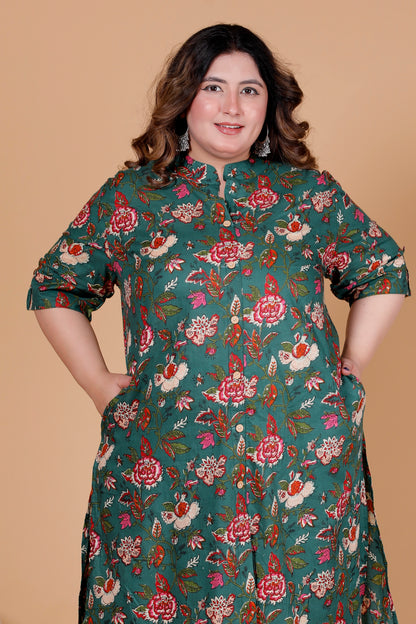 VINTAGE FLORAL VINE PRINT COTTON 2 PEICE KURTA PANT IN DEEP GREEN BY PLUSSIZEKURTI