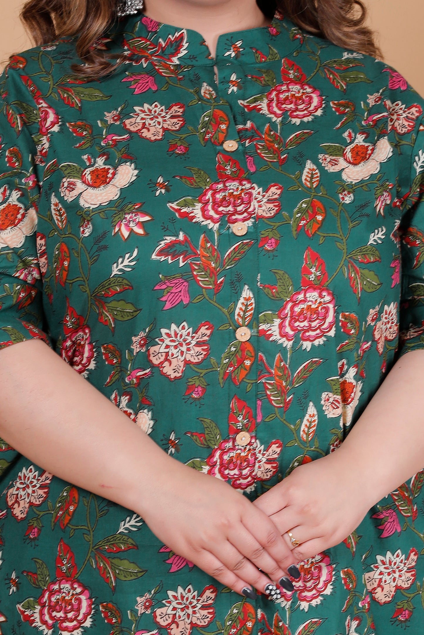 VINTAGE FLORAL VINE PRINT COTTON 2 PEICE KURTA PANT IN DEEP GREEN BY PLUSSIZEKURTI
