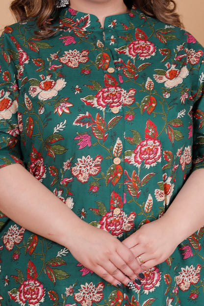 VINTAGE FLORAL VINE PRINT COTTON 2 PEICE KURTA PANT IN DEEP GREEN BY PLUSSIZEKURTI