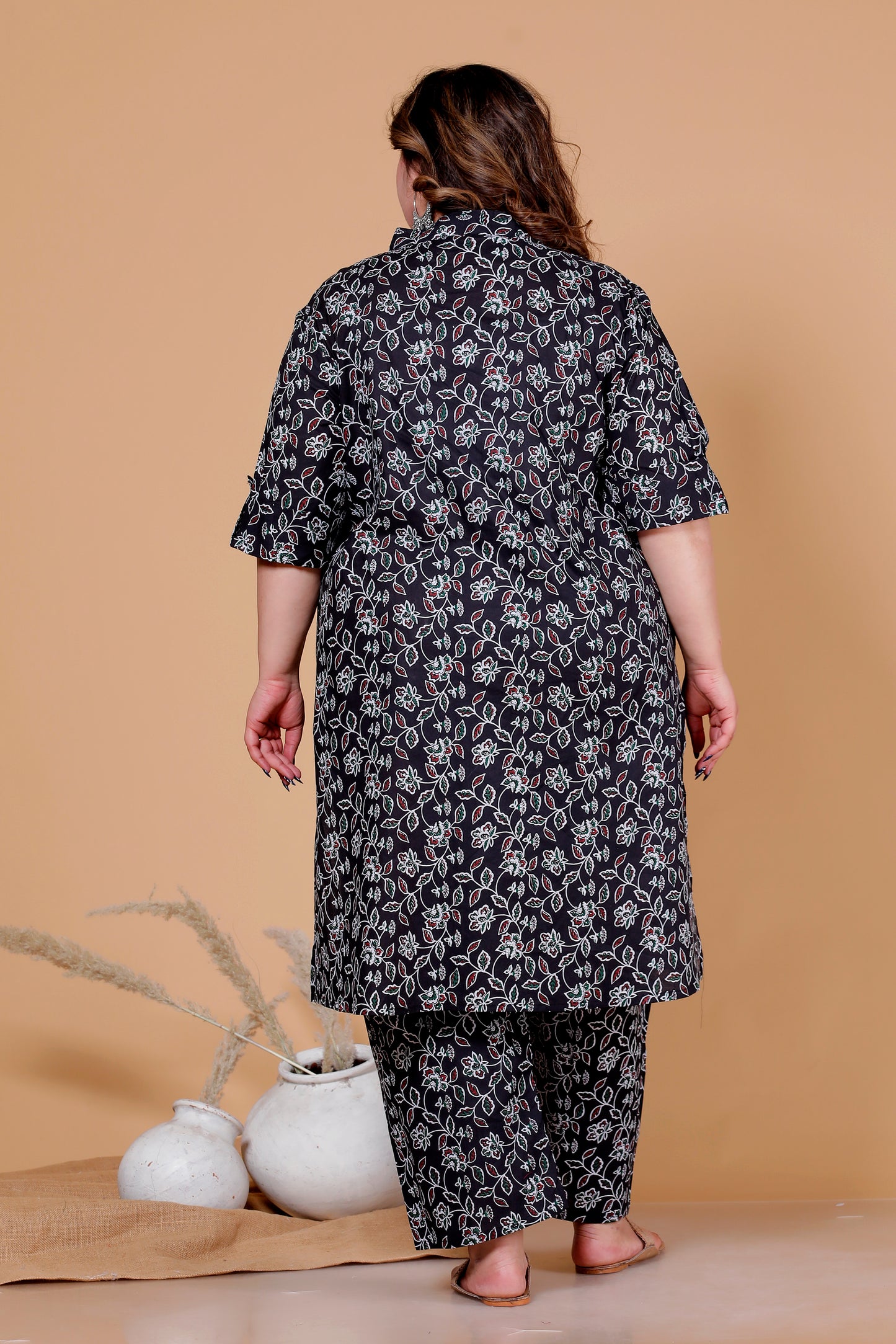 VINE FLORAL PRINT COTTON 2 PEICE KURTA PANT IN BLACK BY PLUSSIZEKURTI