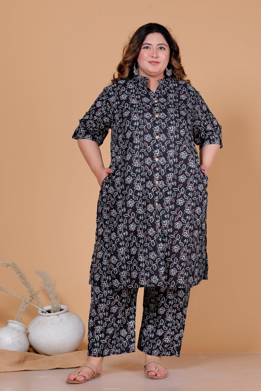 VINE FLORAL PRINT COTTON 2 PEICE KURTA PANT IN BLACK BY PLUSSIZEKURTI