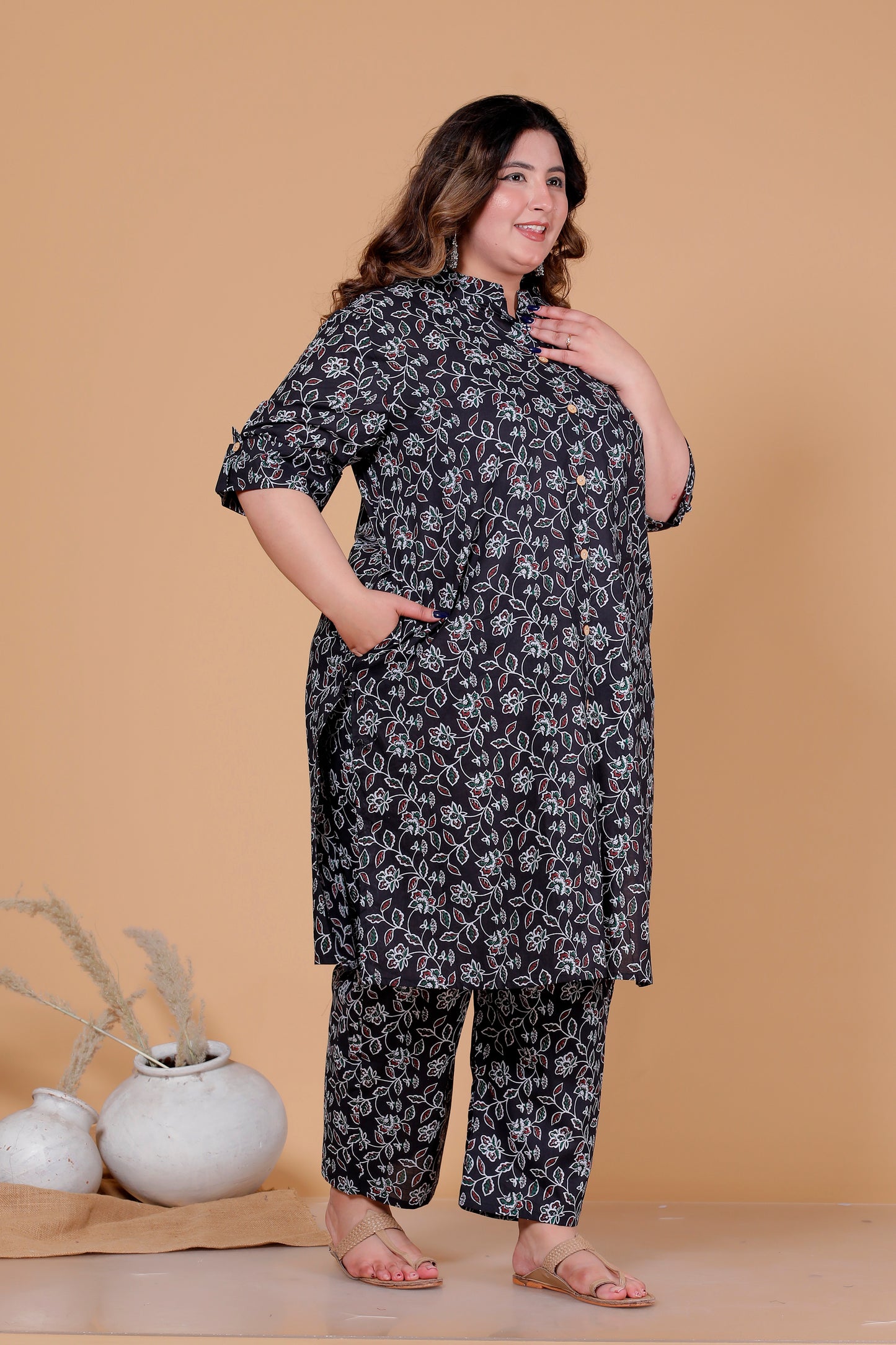 VINE FLORAL PRINT COTTON 2 PEICE KURTA PANT IN BLACK BY PLUSSIZEKURTI