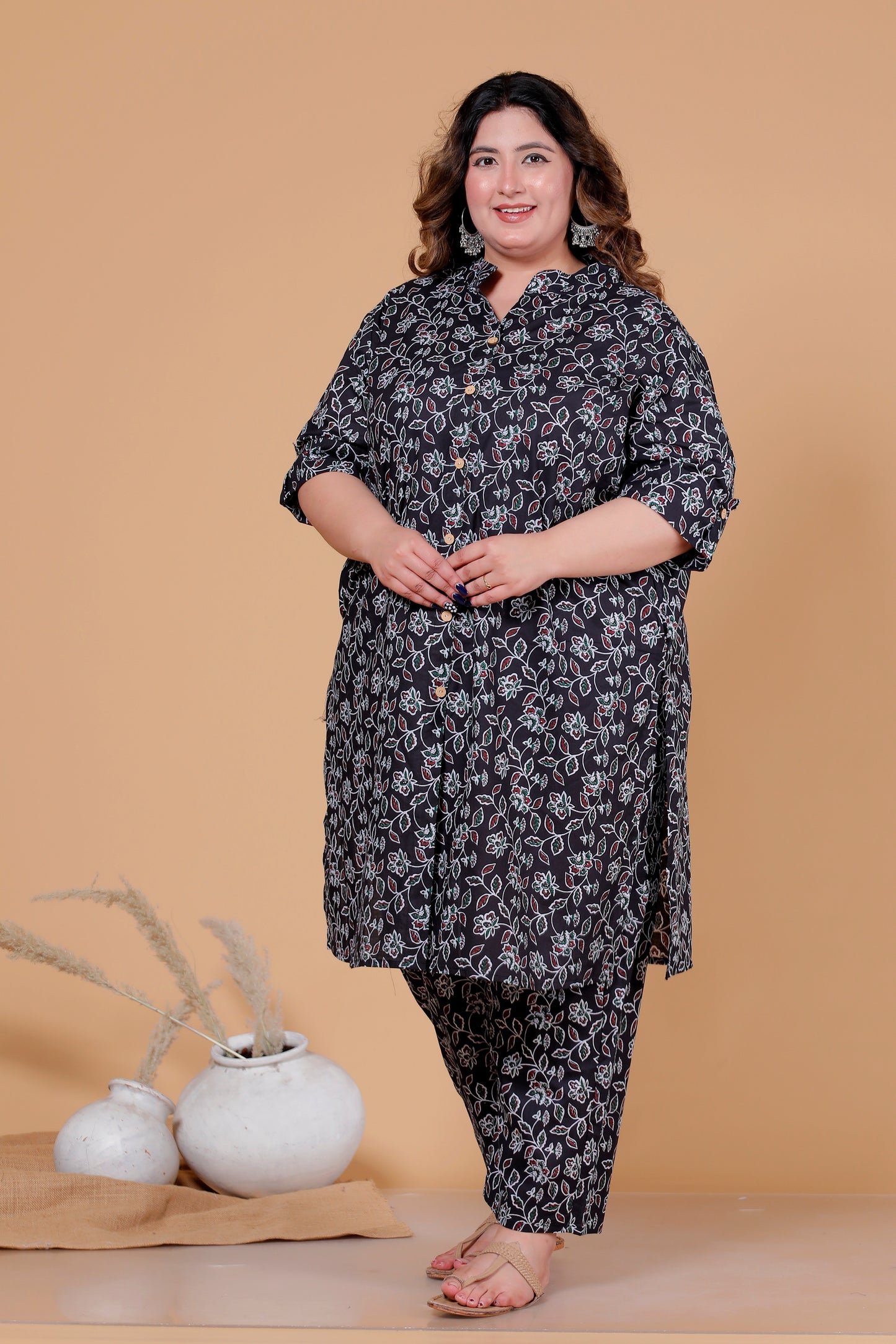 VINE FLORAL PRINT COTTON 2 PEICE KURTA PANT IN BLACK BY PLUSSIZEKURTI
