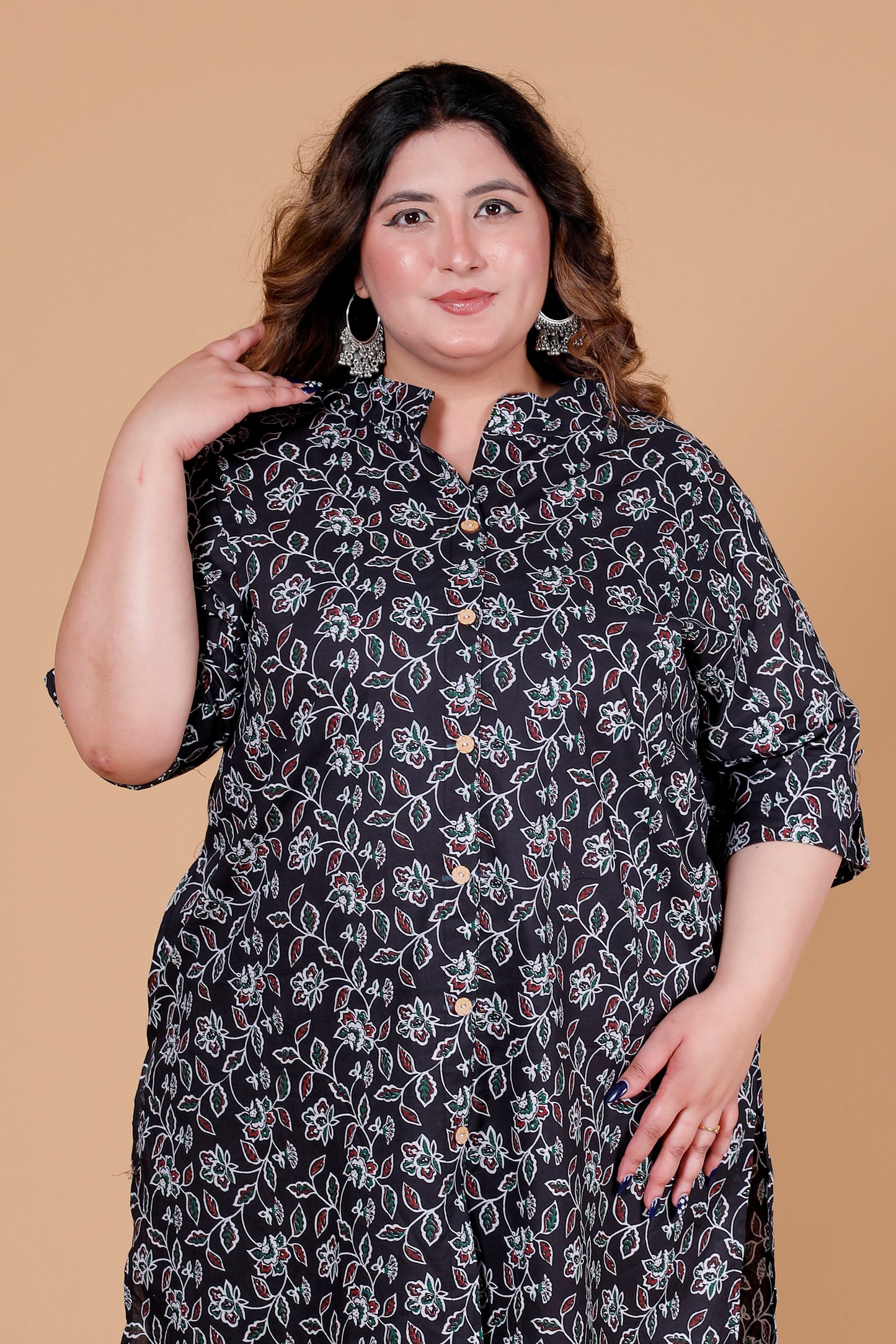 VINE FLORAL PRINT COTTON 2 PEICE KURTA PANT IN BLACK BY PLUSSIZEKURTI