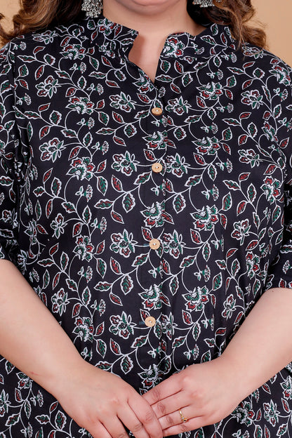 VINE FLORAL PRINT COTTON 2 PEICE KURTA PANT IN BLACK BY PLUSSIZEKURTI