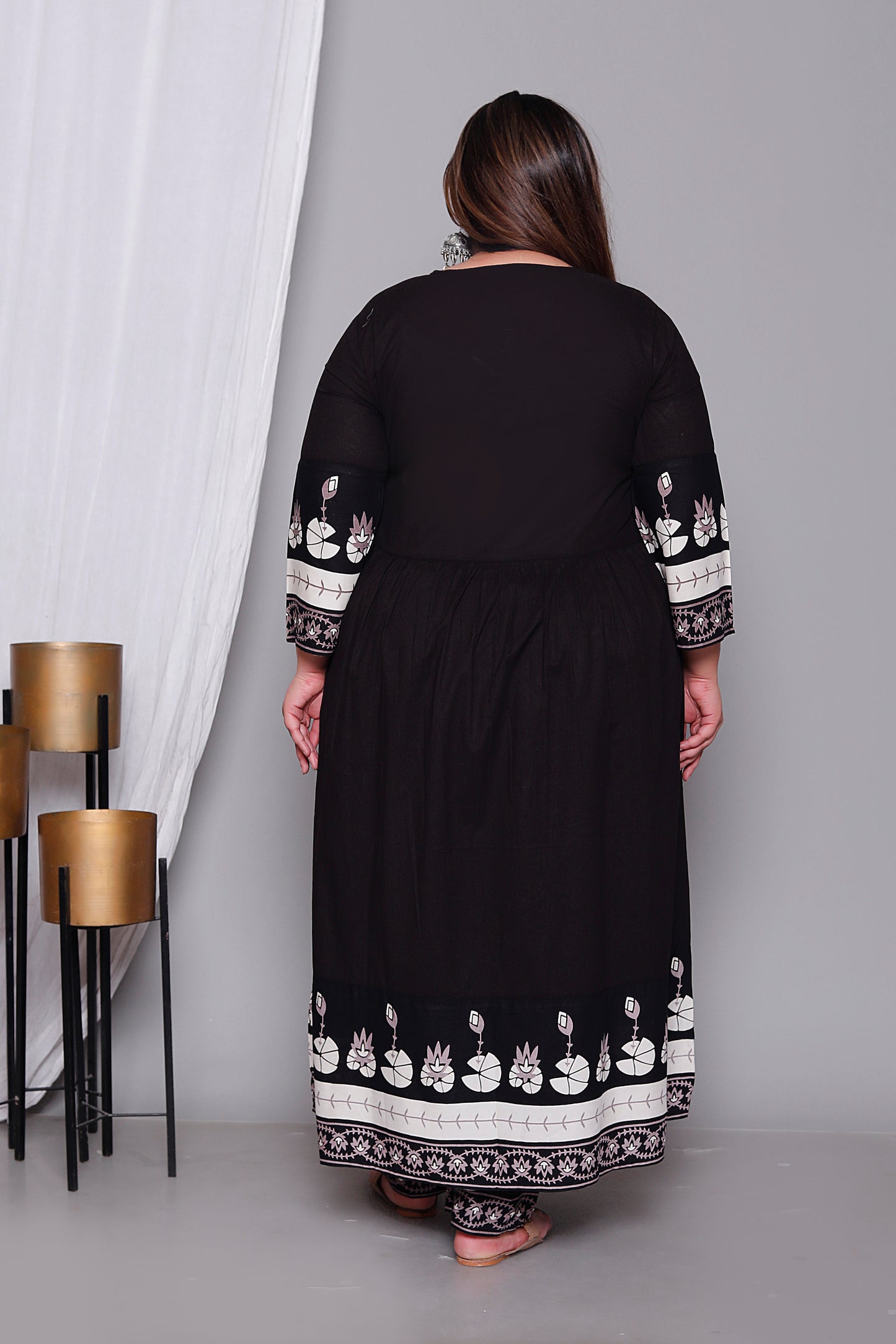 LOTUS BORDER ANARKALI SOLID COTTON 3 PEICE KURTI PANT SET IN BLACK BY PLUSSIZEKURTI