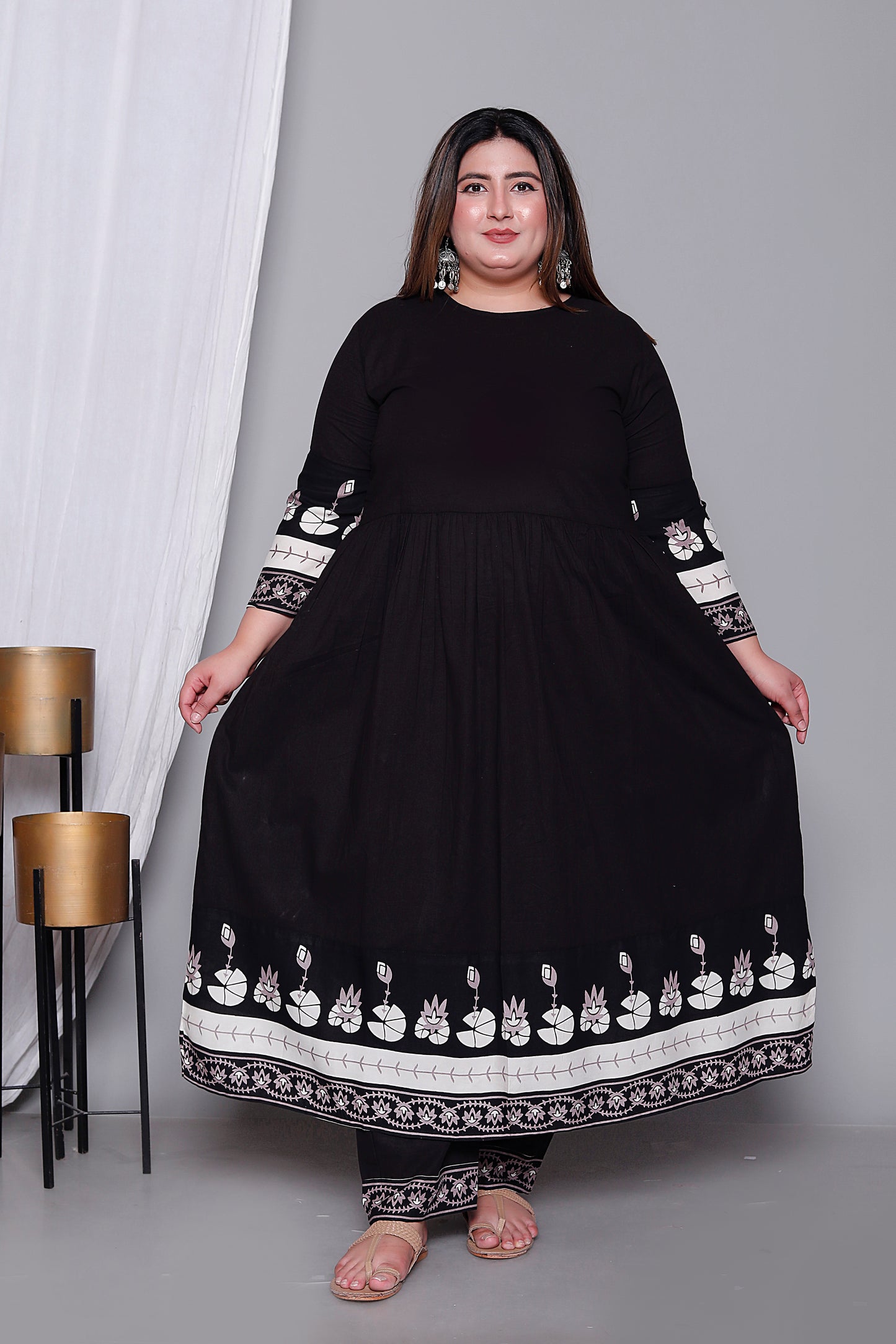 LOTUS BORDER ANARKALI SOLID COTTON 3 PEICE KURTI PANT SET IN BLACK BY PLUSSIZEKURTI