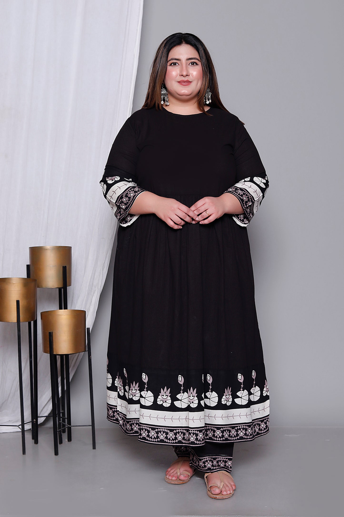 LOTUS BORDER ANARKALI SOLID COTTON 3 PEICE KURTI PANT SET IN BLACK BY PLUSSIZEKURTI