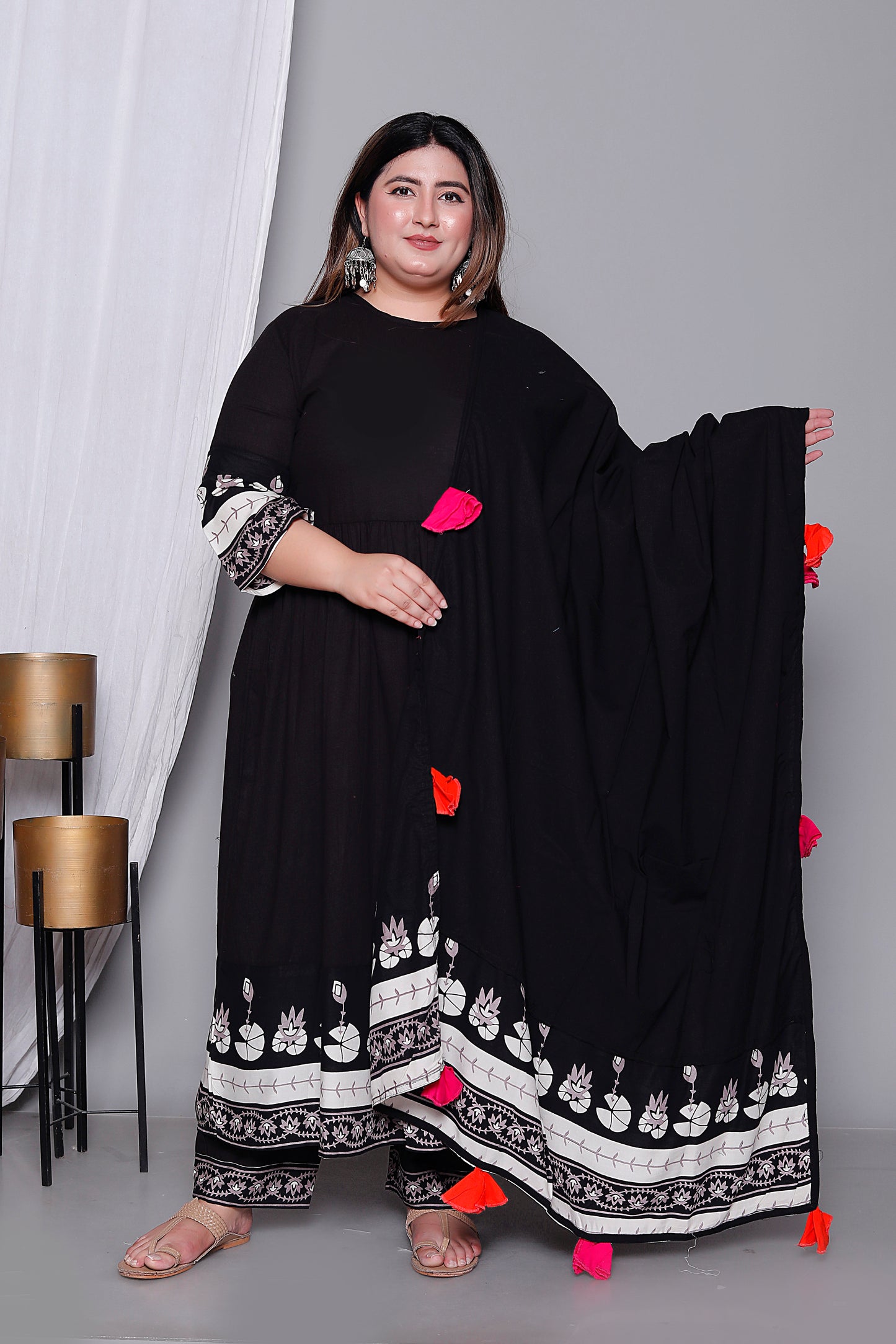 LOTUS BORDER ANARKALI SOLID COTTON 3 PEICE KURTI PANT SET IN BLACK BY PLUSSIZEKURTI