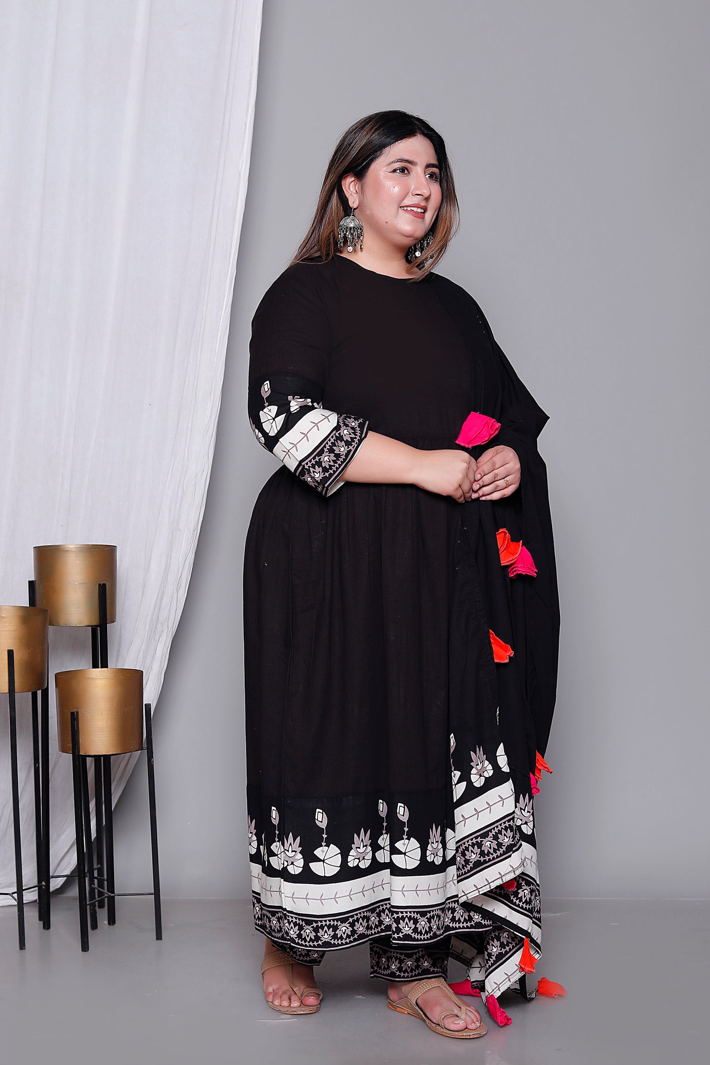 LOTUS BORDER ANARKALI SOLID COTTON 3 PEICE KURTI PANT SET IN BLACK BY PLUSSIZEKURTI