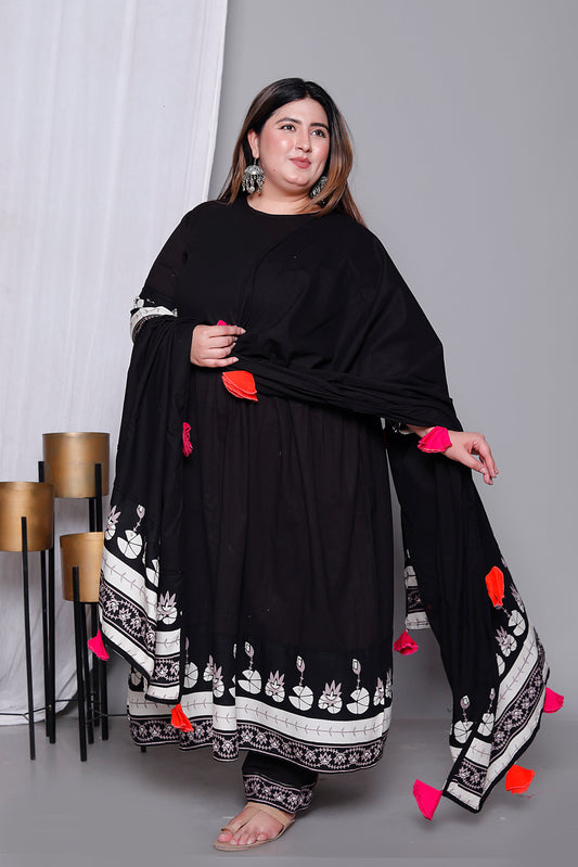 LOTUS BORDER ANARKALI SOLID COTTON 3 PEICE KURTI PANT SET IN BLACK BY PLUSSIZEKURTI