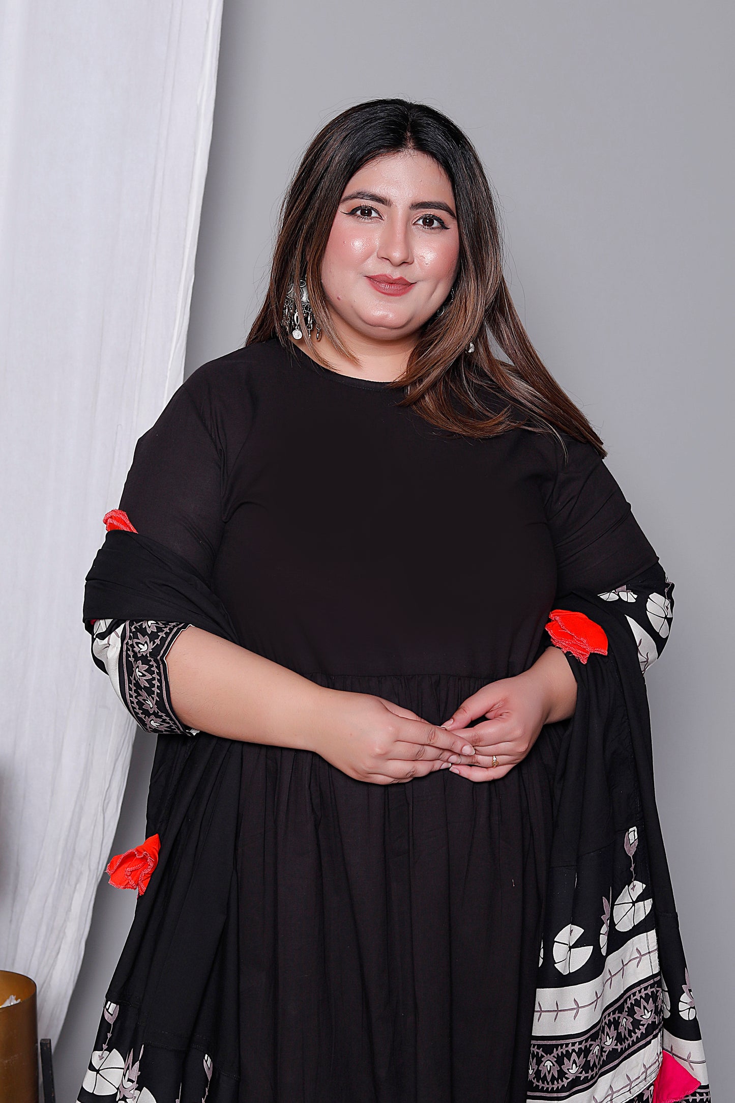 LOTUS BORDER ANARKALI SOLID COTTON 3 PEICE KURTI PANT SET IN BLACK BY PLUSSIZEKURTI