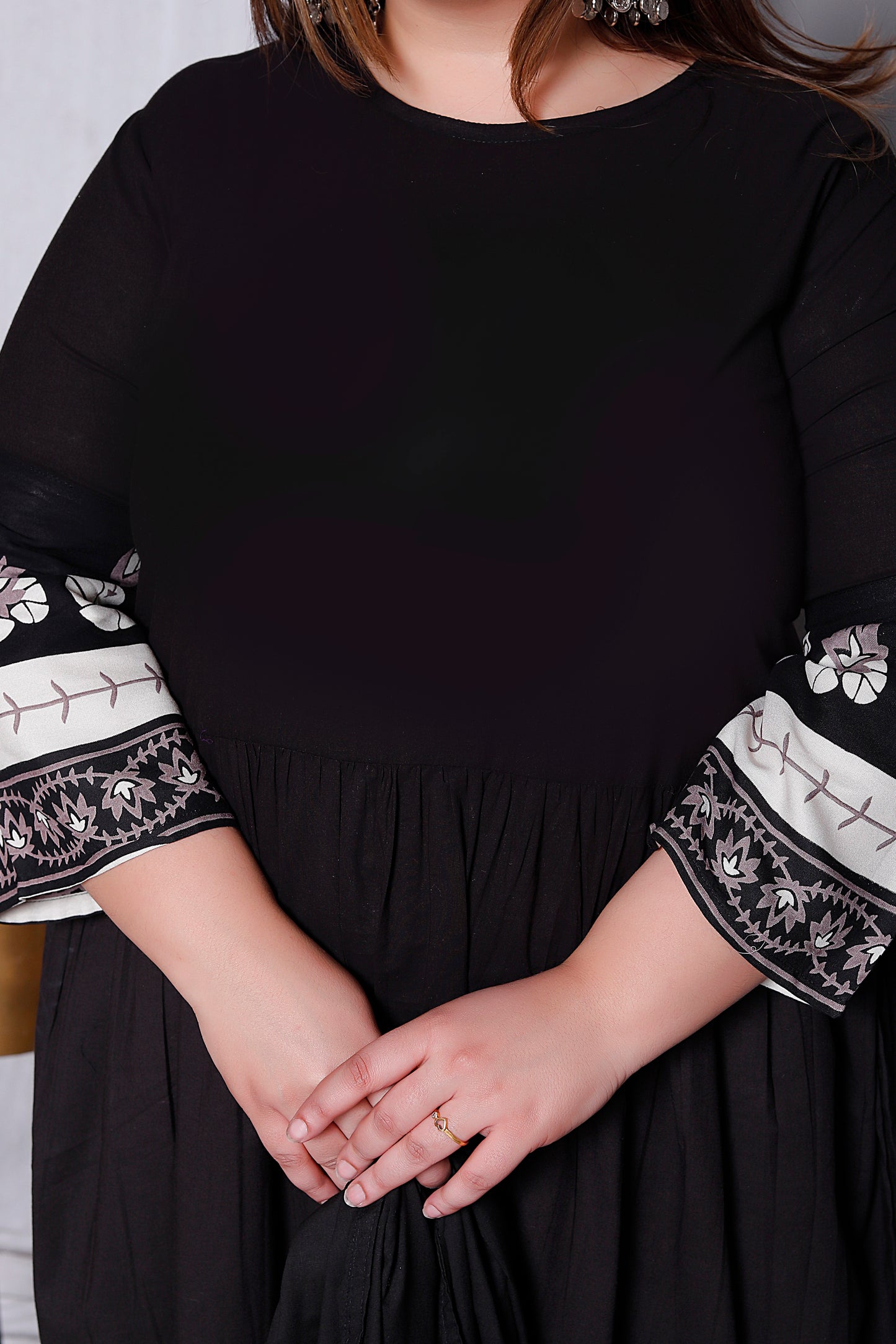 LOTUS BORDER ANARKALI SOLID COTTON 3 PEICE KURTI PANT SET IN BLACK BY PLUSSIZEKURTI