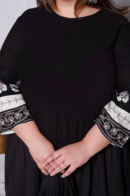 LOTUS BORDER ANARKALI SOLID COTTON 3 PEICE KURTI PANT SET IN BLACK BY PLUSSIZEKURTI