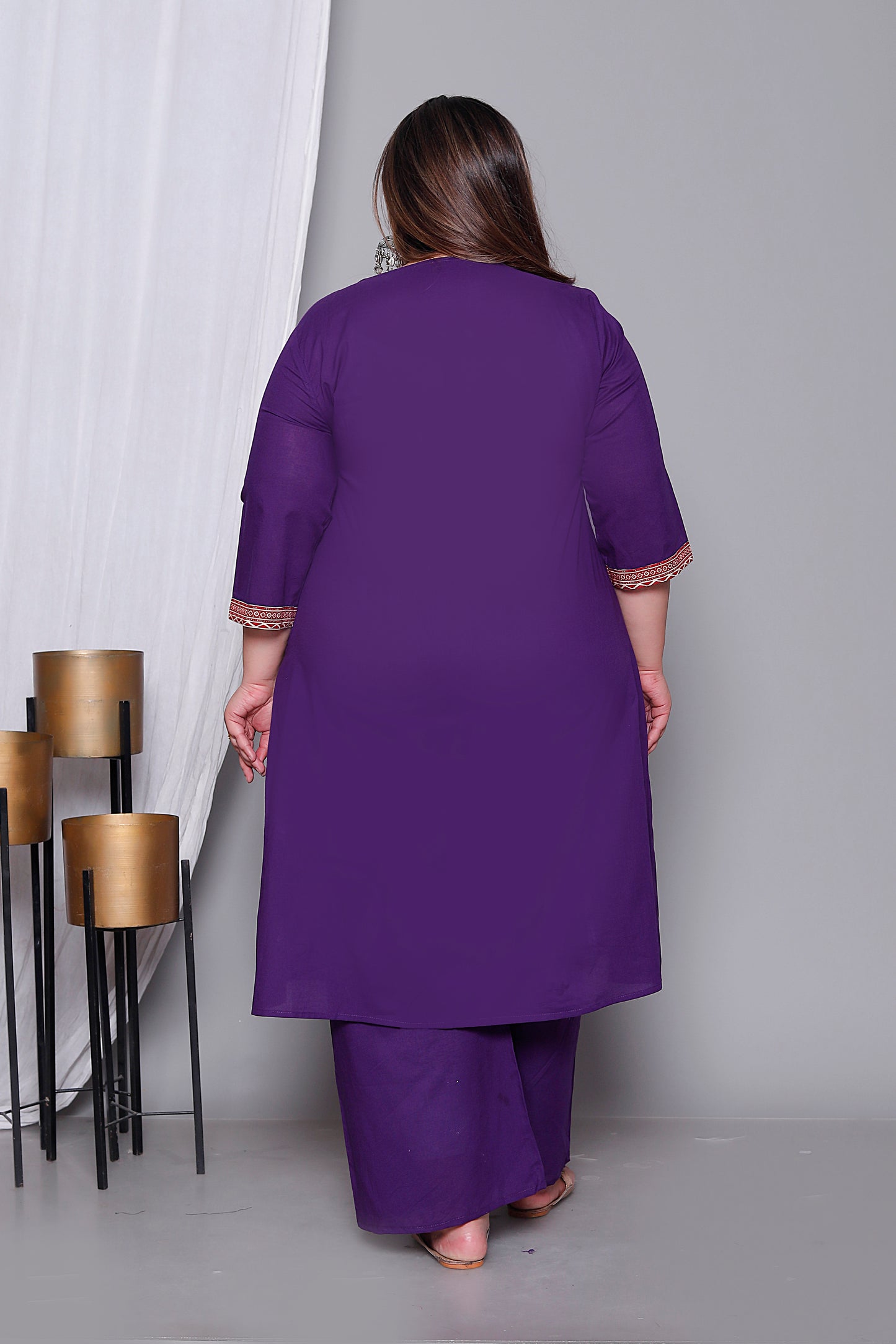 TRIBAL STRIPE SOLID COTTON 3 PEICE KURTI PANT SET IN PURPLE BY PLUSSIZEKURTI