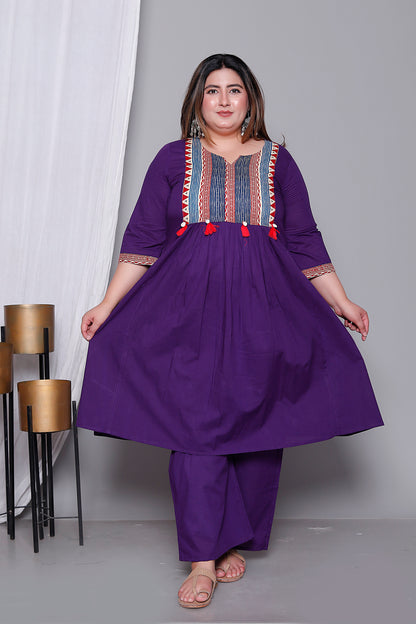 TRIBAL STRIPE SOLID COTTON 3 PEICE KURTI PANT SET IN PURPLE BY PLUSSIZEKURTI