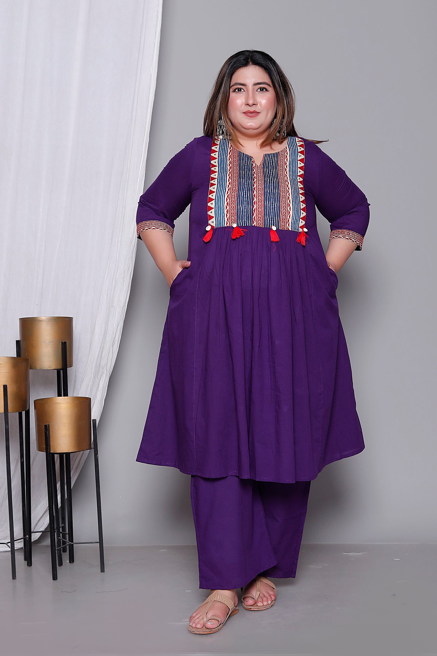 TRIBAL STRIPE SOLID COTTON 3 PEICE KURTI PANT SET IN PURPLE BY PLUSSIZEKURTI