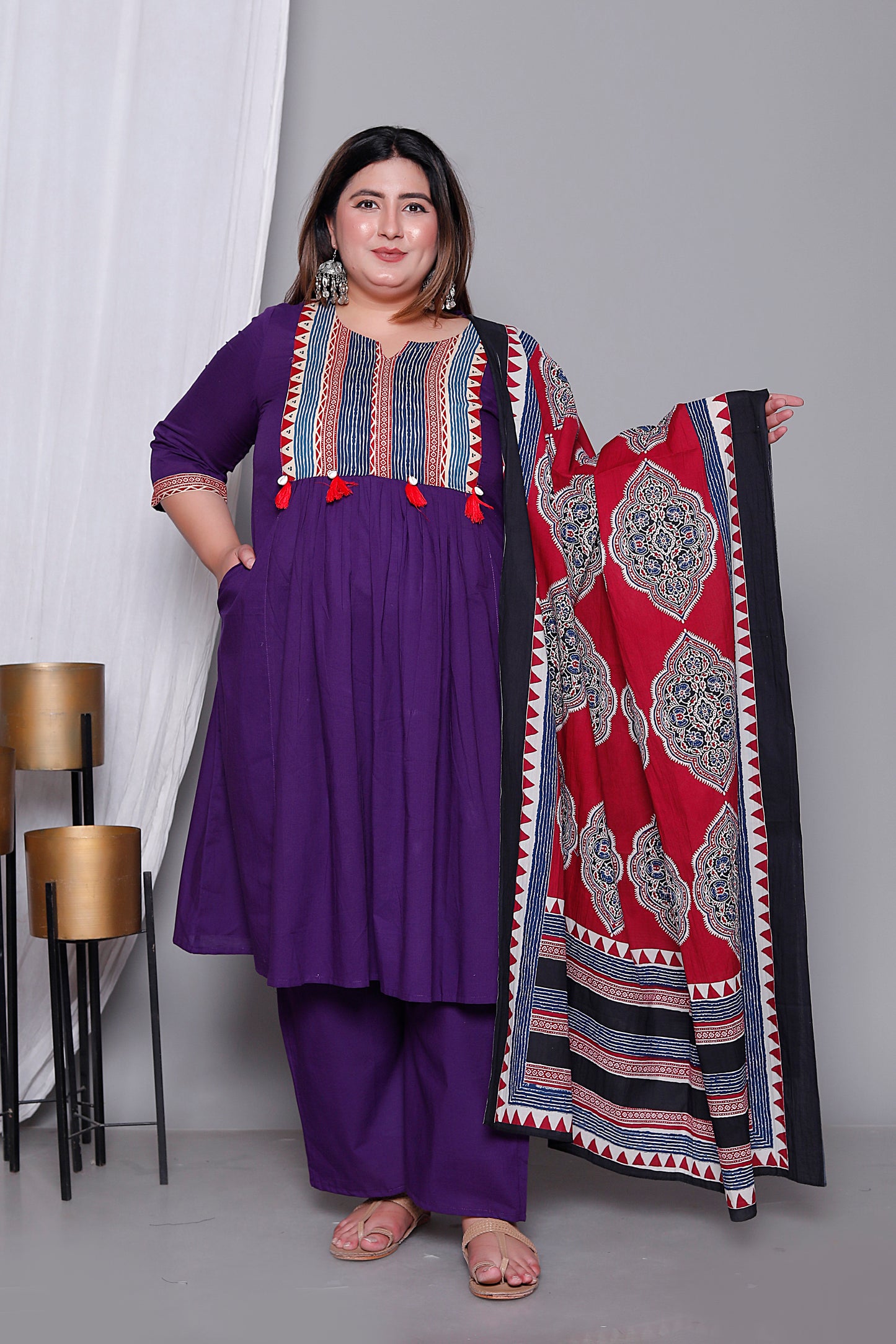 TRIBAL STRIPE SOLID COTTON 3 PEICE KURTI PANT SET IN PURPLE BY PLUSSIZEKURTI