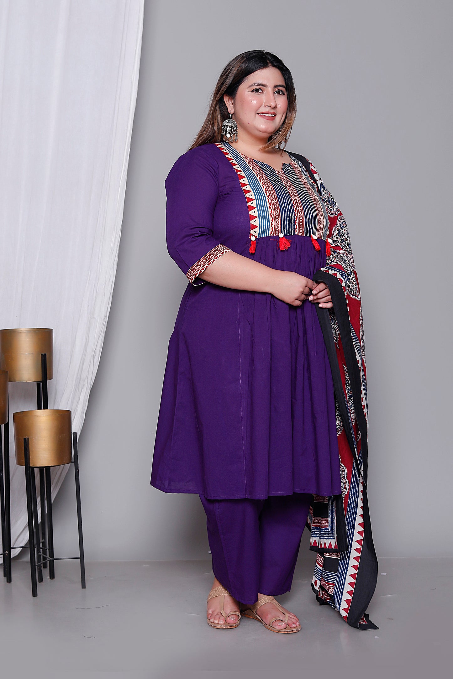 TRIBAL STRIPE SOLID COTTON 3 PEICE KURTI PANT SET IN PURPLE BY PLUSSIZEKURTI