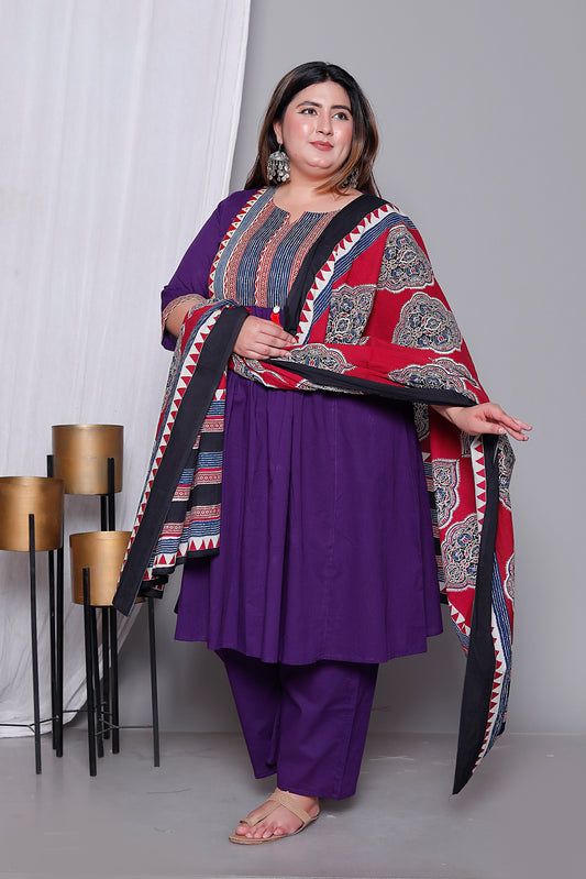 TRIBAL STRIPE SOLID COTTON 3 PEICE KURTI PANT SET IN PURPLE BY PLUSSIZEKURTI