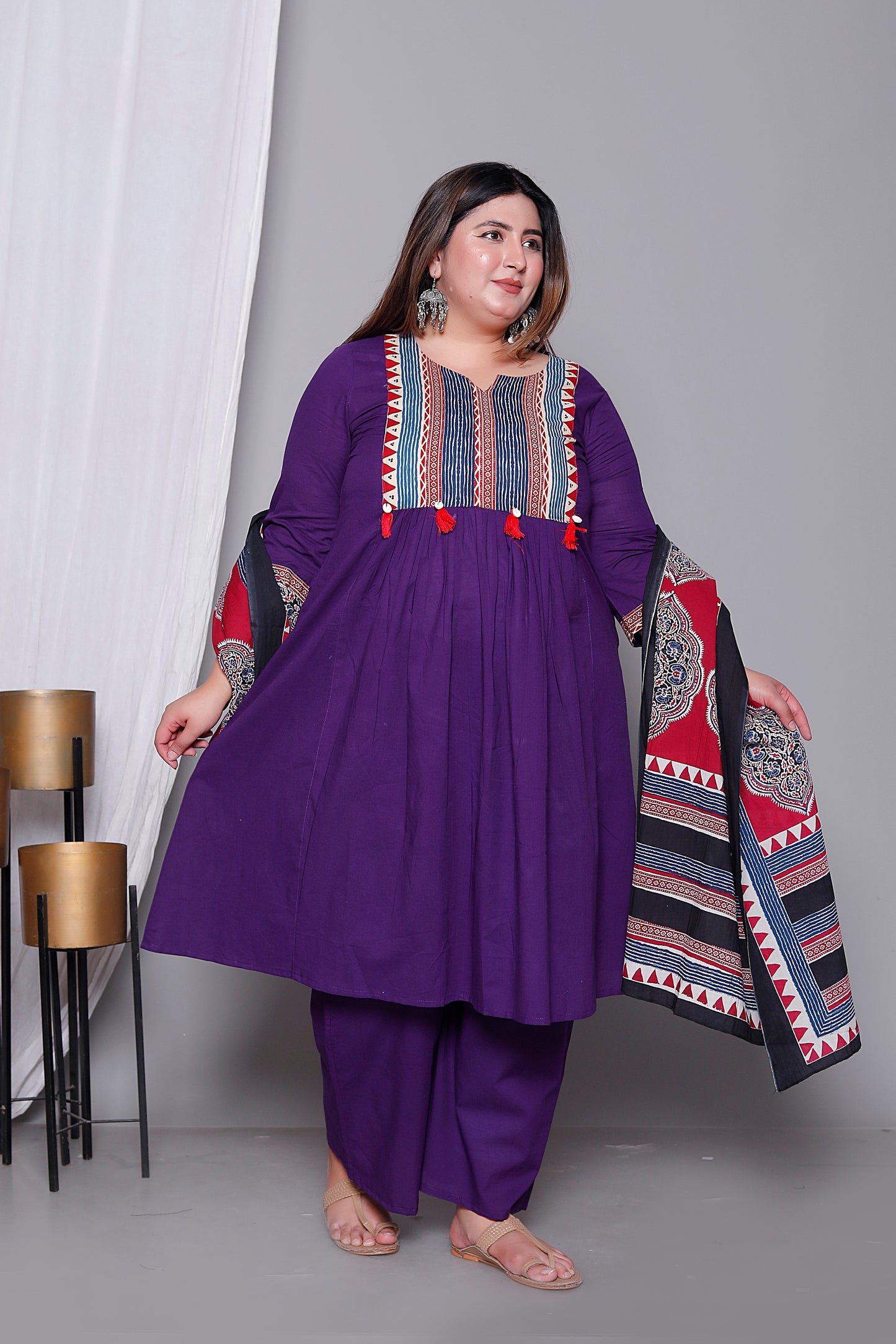 TRIBAL STRIPE SOLID COTTON 3 PEICE KURTI PANT SET IN PURPLE BY PLUSSIZEKURTI