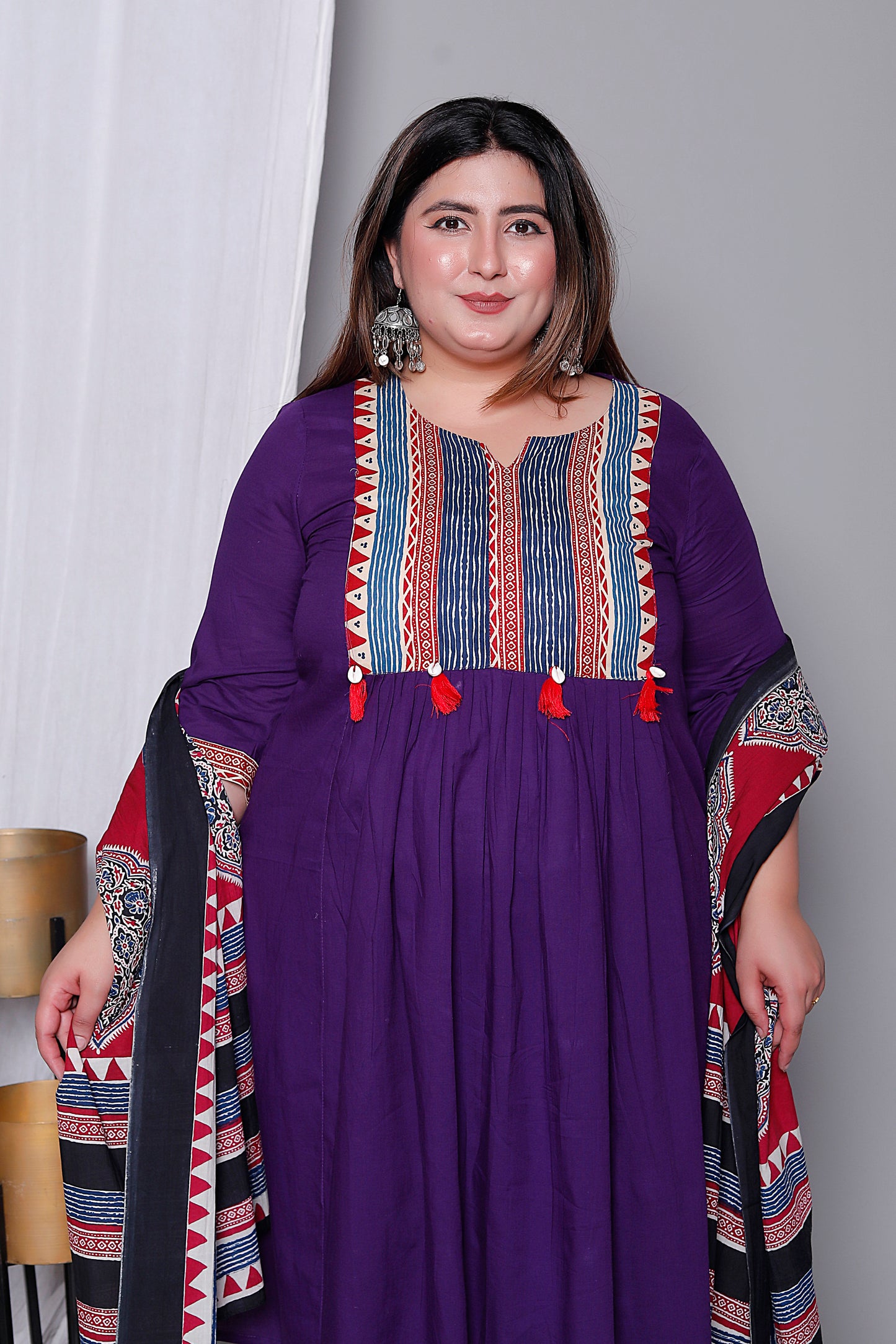TRIBAL STRIPE SOLID COTTON 3 PEICE KURTI PANT SET IN PURPLE BY PLUSSIZEKURTI