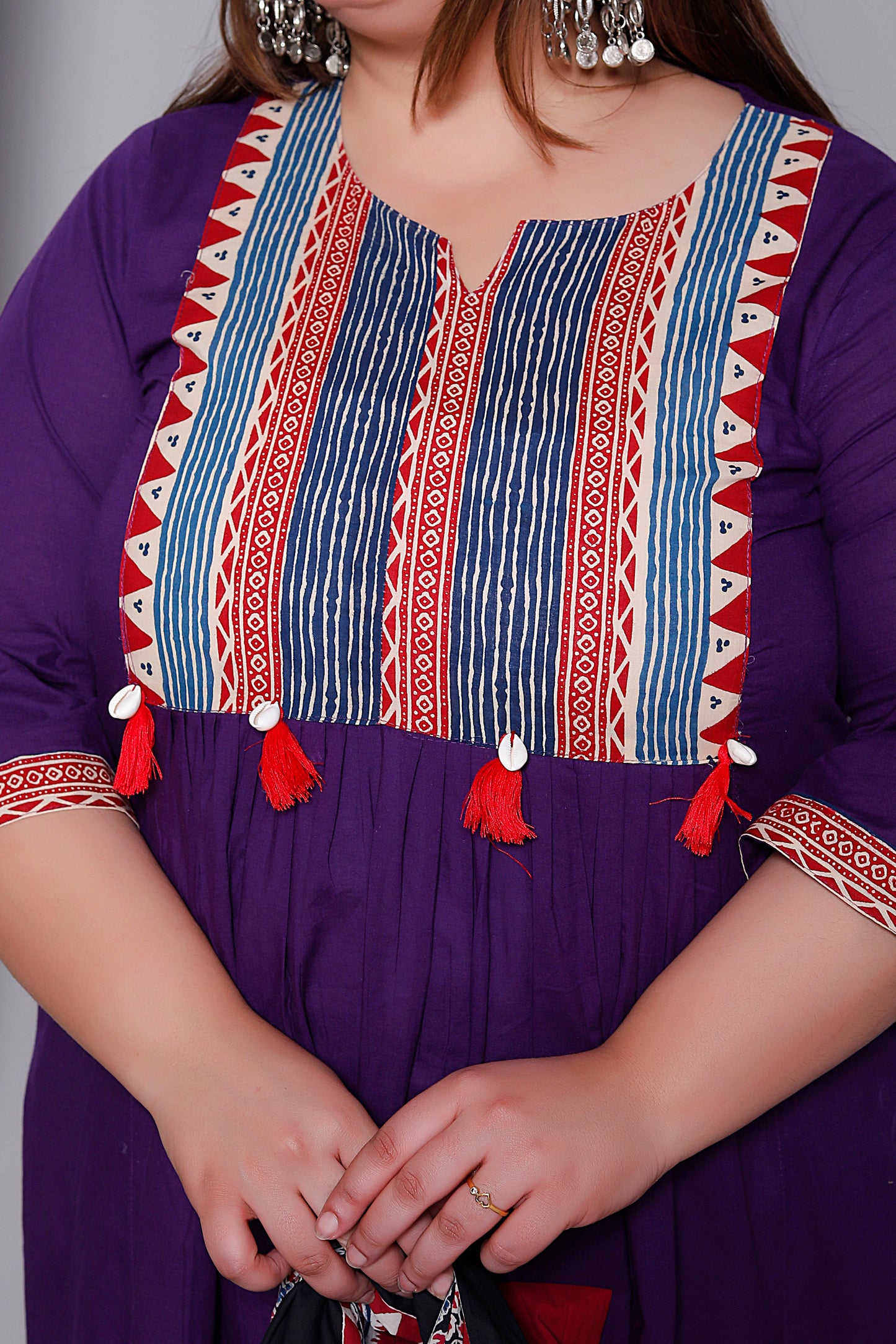 TRIBAL STRIPE SOLID COTTON 3 PEICE KURTI PANT SET IN PURPLE BY PLUSSIZEKURTI