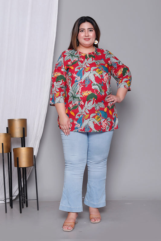 JUNGLE PRINT COTTON TOP IN RED COLOUR BY PLUSSIZEKURTI