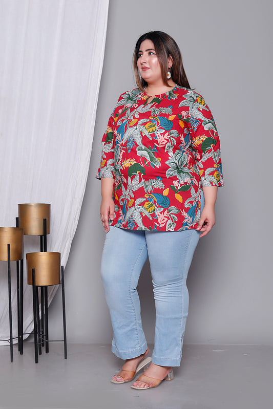 JUNGLE PRINT COTTON TOP IN RED COLOUR BY PLUSSIZEKURTI