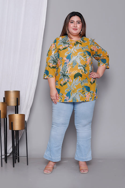 JUNGLE PRINT COTTON TOP IN YELLOW COLOUR BY PLUSSIZEKURTI