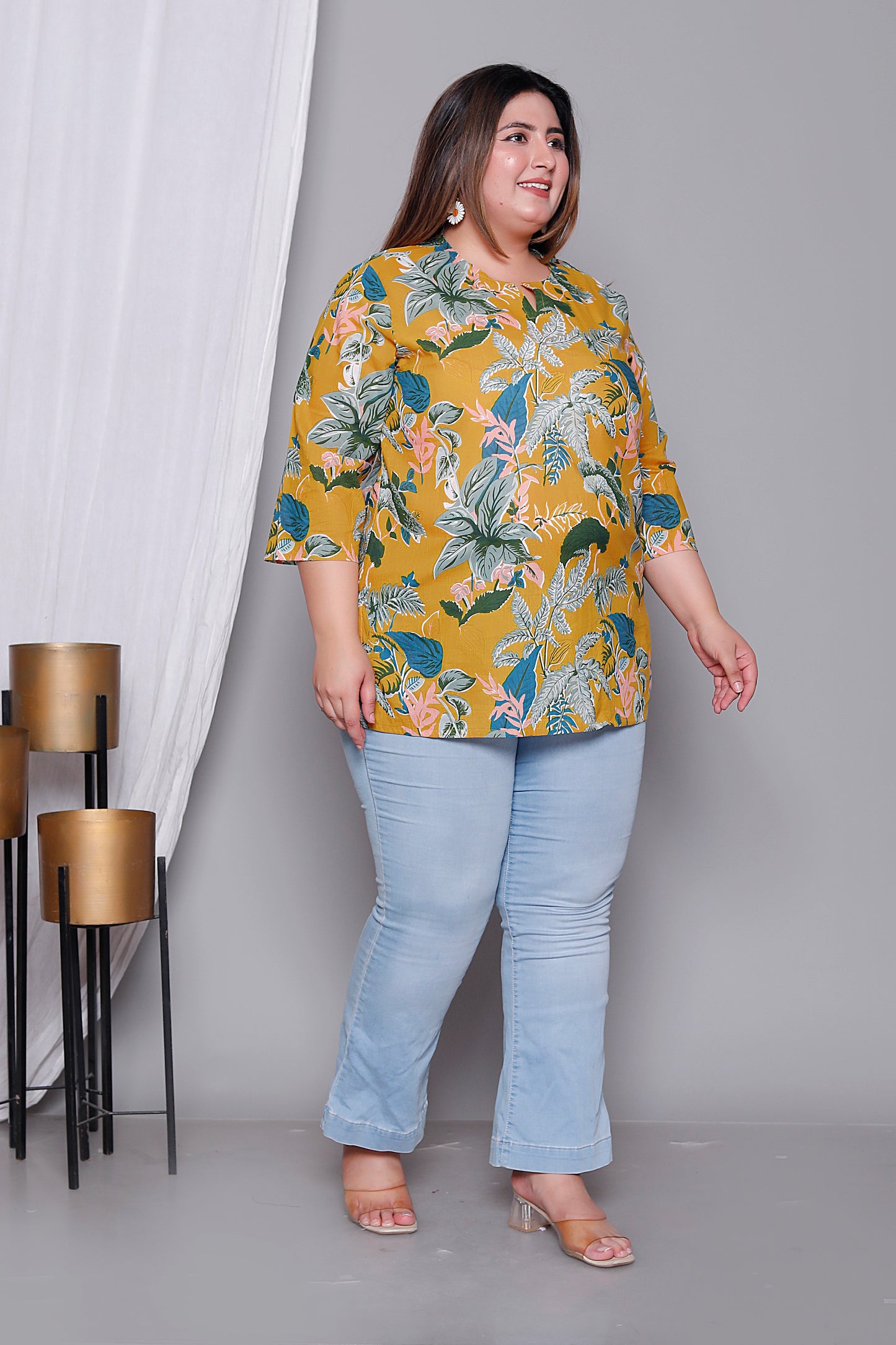 JUNGLE PRINT COTTON TOP IN YELLOW COLOUR BY PLUSSIZEKURTI