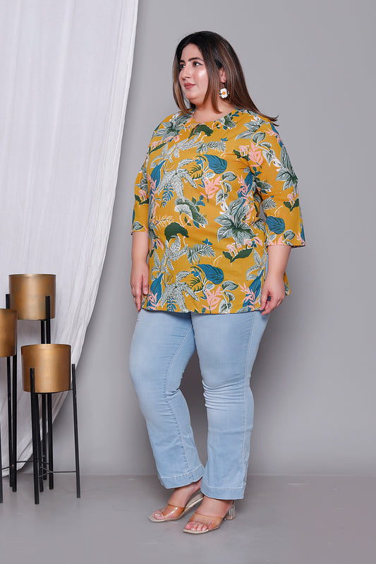 JUNGLE PRINT COTTON TOP IN YELLOW COLOUR BY PLUSSIZEKURTI