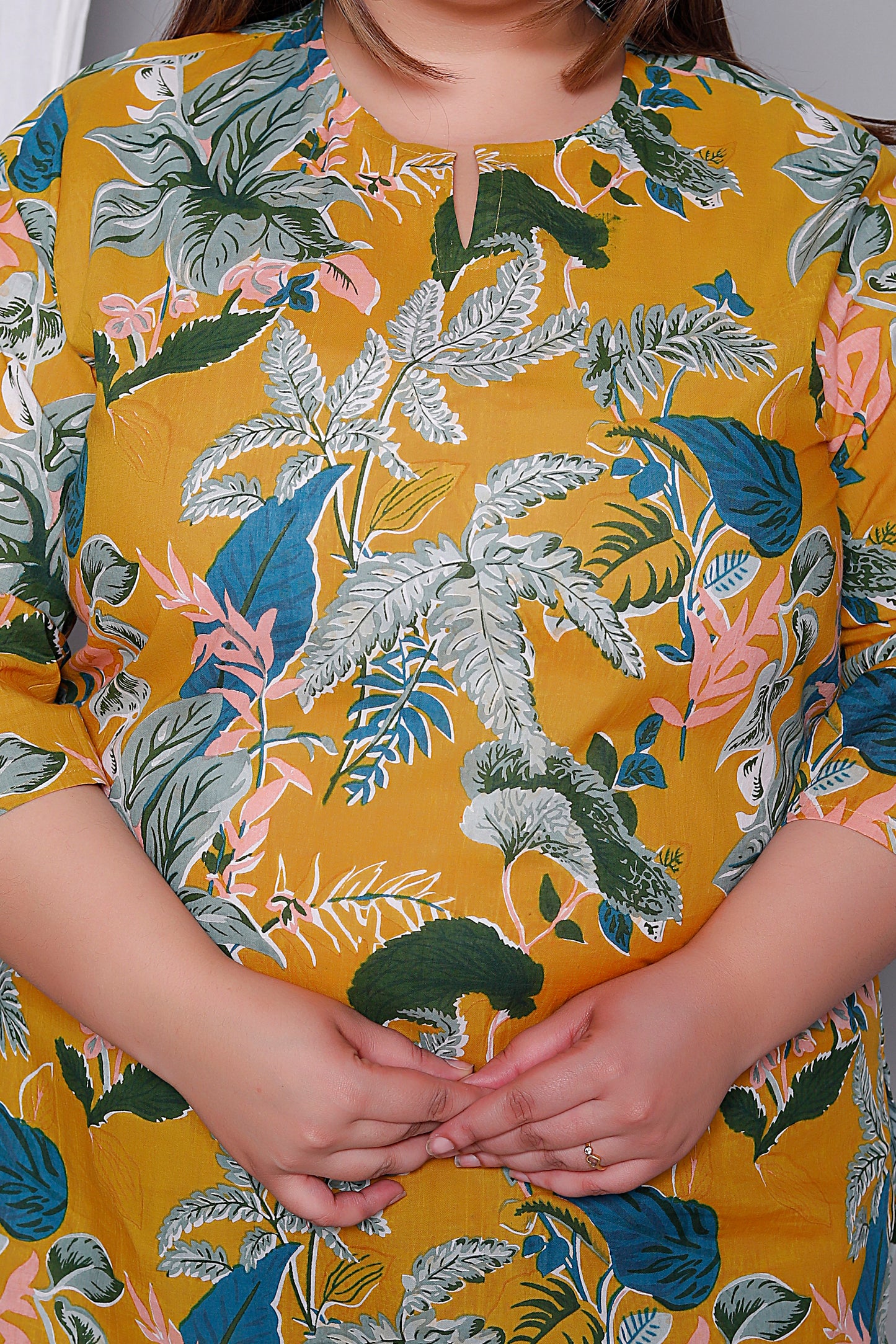 JUNGLE PRINT COTTON TOP IN YELLOW COLOUR BY PLUSSIZEKURTI