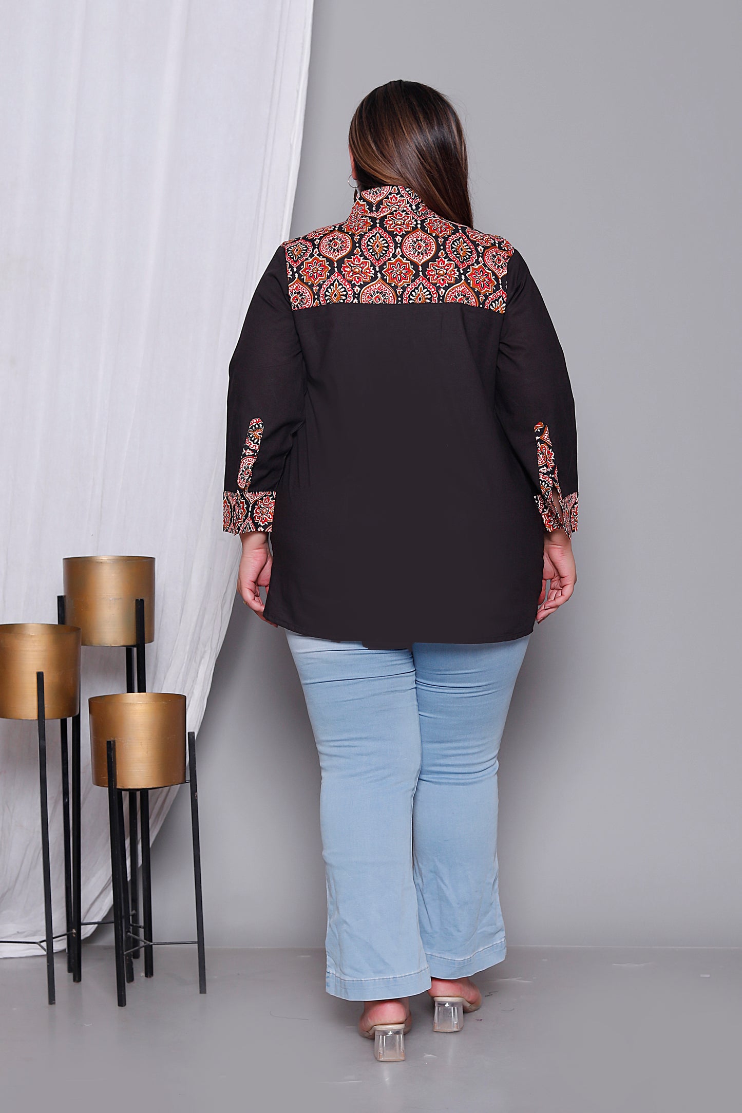 AJRAKH MOTIF SOLID COTTON SHIRT TOP IN BLACK COLOUR BY PLUSSIZEKURTI