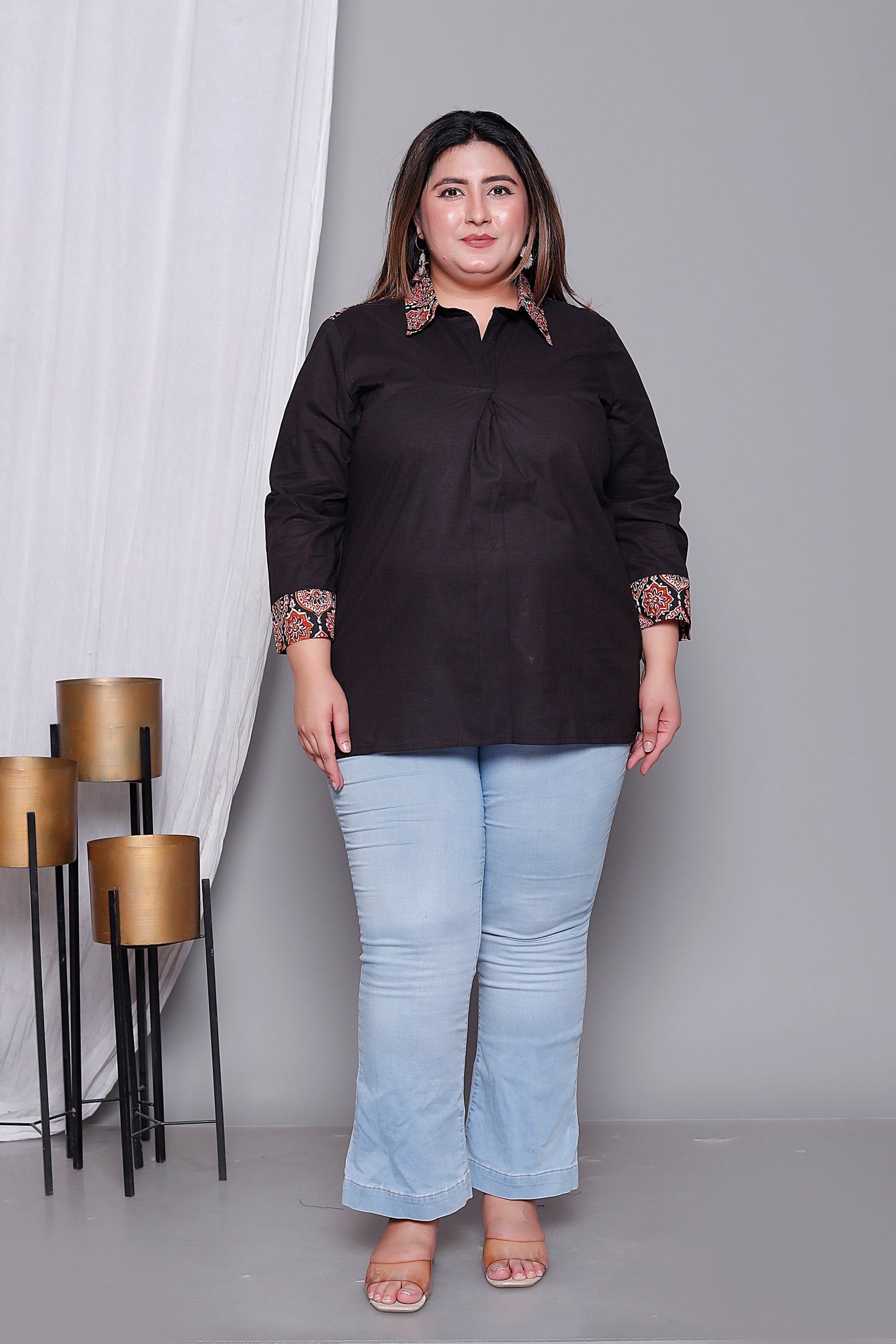 AJRAKH MOTIF SOLID COTTON SHIRT TOP IN BLACK COLOUR BY PLUSSIZEKURTI