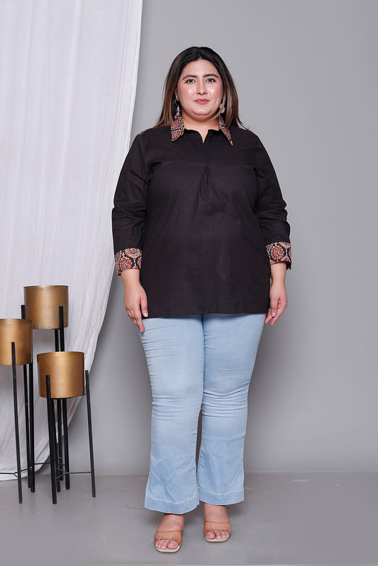 AJRAKH MOTIF SOLID COTTON SHIRT TOP IN BLACK COLOUR BY PLUSSIZEKURTI