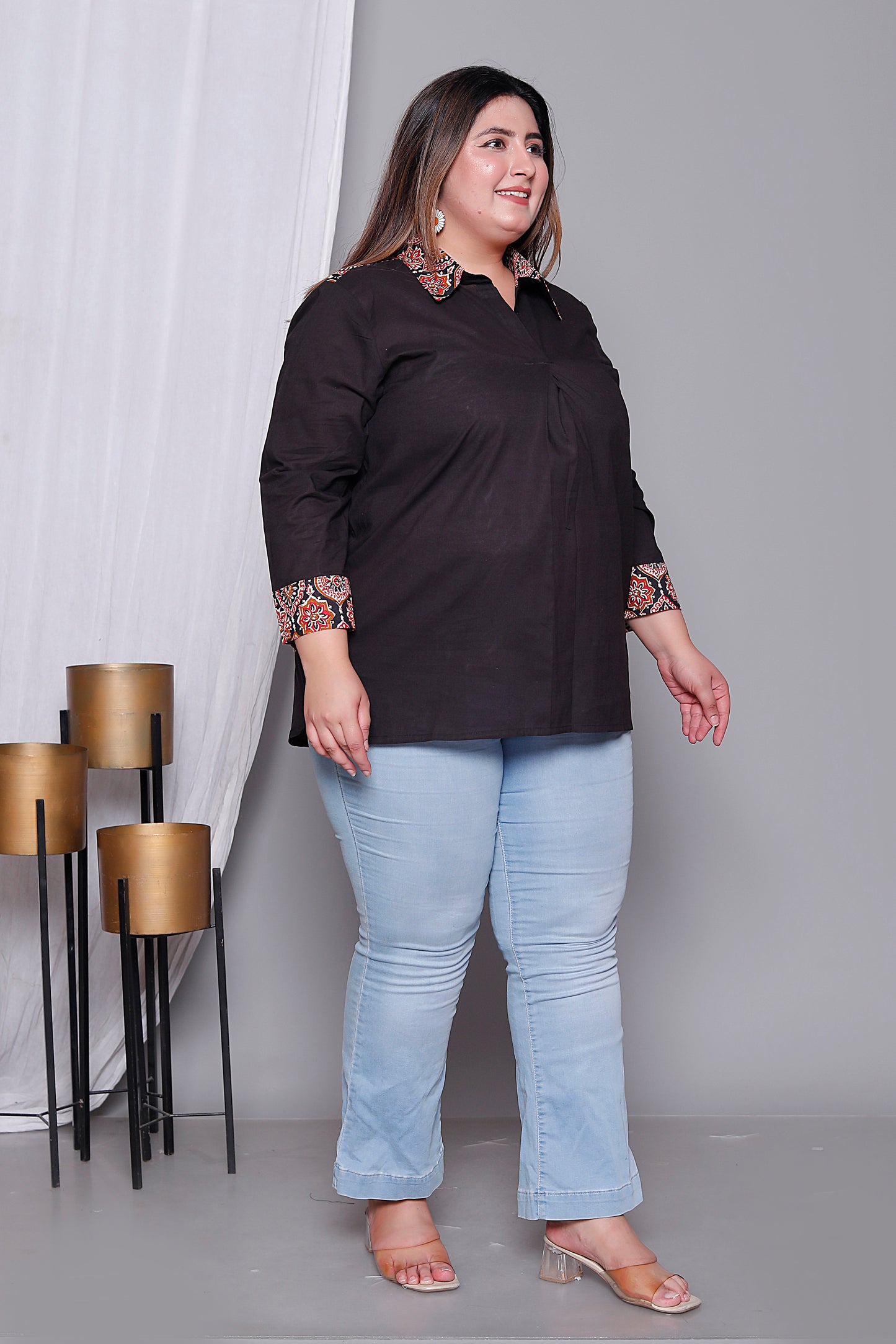 AJRAKH MOTIF SOLID COTTON SHIRT TOP IN BLACK COLOUR BY PLUSSIZEKURTI