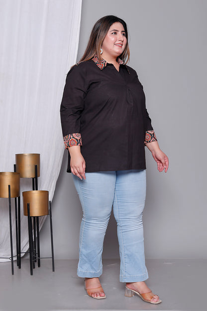 AJRAKH MOTIF SOLID COTTON SHIRT TOP IN BLACK COLOUR BY PLUSSIZEKURTI
