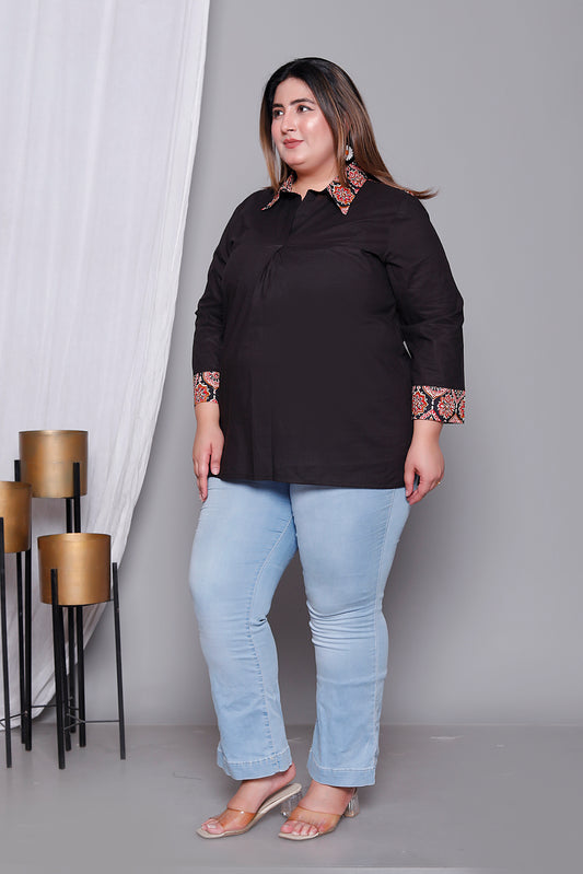AJRAKH MOTIF SOLID COTTON SHIRT TOP IN BLACK COLOUR BY PLUSSIZEKURTI