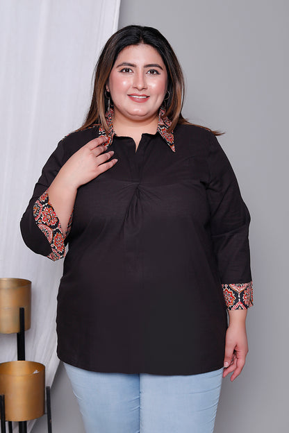 AJRAKH MOTIF SOLID COTTON SHIRT TOP IN BLACK COLOUR BY PLUSSIZEKURTI
