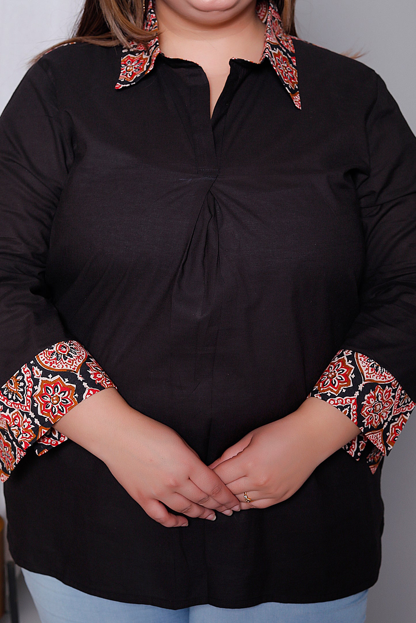 AJRAKH MOTIF SOLID COTTON SHIRT TOP IN BLACK COLOUR BY PLUSSIZEKURTI